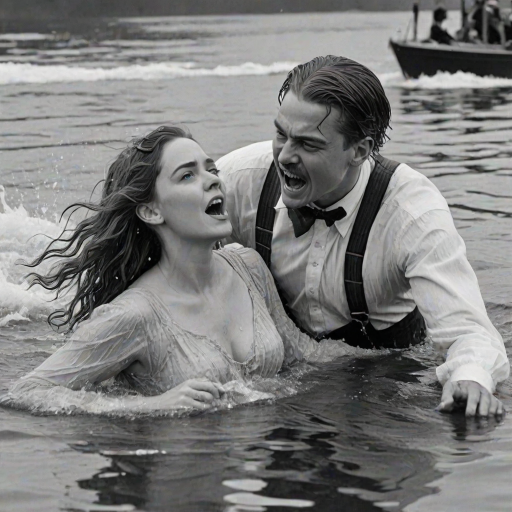 A hyperdetailed photorealistic black and white pencil sketch recreating the iconic scene at the end of Titanic with Jack and Rose floating in the water, only show them making exaggerated funny faces at the camera. Show Rose spitting water at the camera.