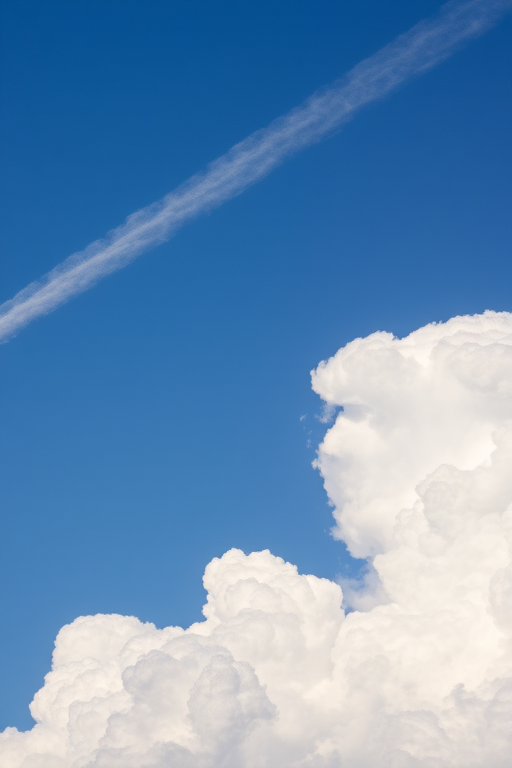 Capture a high-resolution image of fluffy white clouds against a blue sky with a jet contrail, using a DSLR camera, aperture f/8, shutter speed 1/2000 sec, ISO 100, taken from a slightly elevated angle for a dynamic perspective.