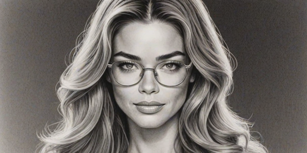 Enchanting Denise Richards, pencil sketch, portrait of Enchanting woman 1970s in glasses, hair style beatnik, outline, clear lines, fine lines, 8k