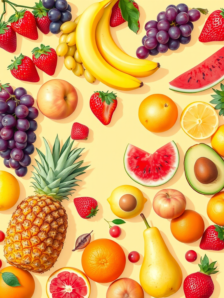 create a colorful illustration of assorted fruits including strawberries, grapes, bananas, peaches, lemons, watermelon, pineapple, avocado, orange, and pears on a soft yellow background, use high resolution, 50mm lens, f/4 aperture, natural light, shot from an overhead angle with a vibrant and playful style