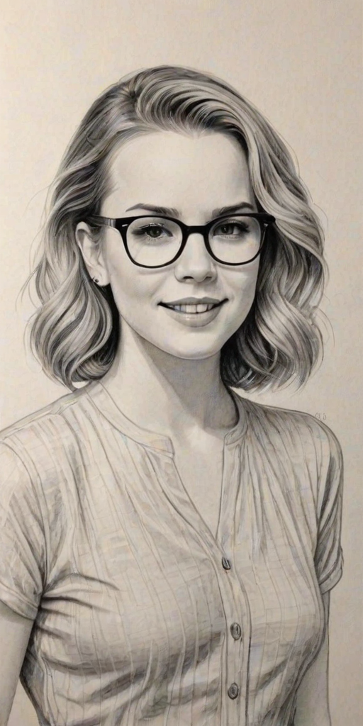 Dazzling Bridgit Mendler, pencil sketch, portrait of Ravishing woman 1935s in glasses, hair style beatnik, outline, clear lines, fine lines, 8k