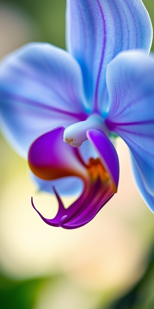 regenerate a vibrant, artistic close-up image of a blue orchid with bright colors and soft focus background, DSLR camera, 50mm lens, f/1.8, ISO 200, natural light, macro photography style