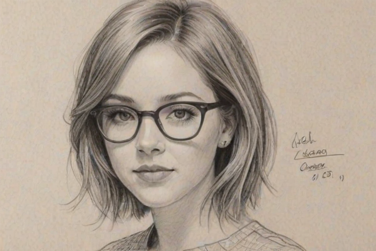 Attractive Haley Ramm, pencil sketch, portrait of Delightful woman 1967s in glasses, hair style beatnik, outline, clear lines, fine lines, 8k