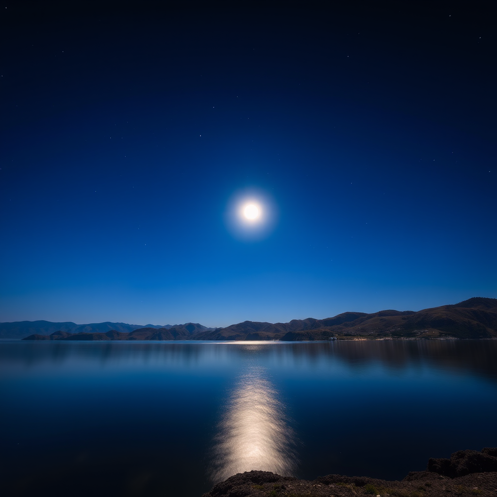 Create a serene nighttime landscape with rolling hills and a calm sea, featuring a large moon and distant stars reflecting on the water, captured with a DSLR camera at ISO 100, f/8, 30 seconds exposure, wide-angle lens, and a low-angle view for enhanced depth and clarity.