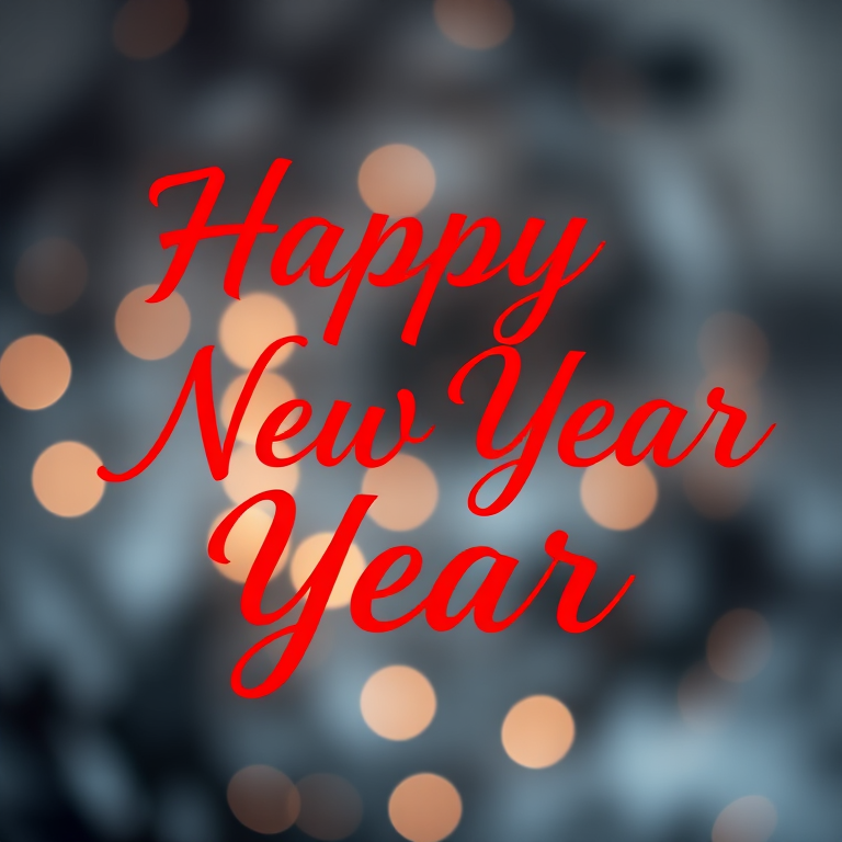 Create an elegant New Year greeting featuring the text "Happy New Year" in a vibrant red cursive font, captured using a DSLR camera with a 50mm lens, aperture set to f/1.8, ISO 100, and a soft-focus background to enhance the message's prominence.
