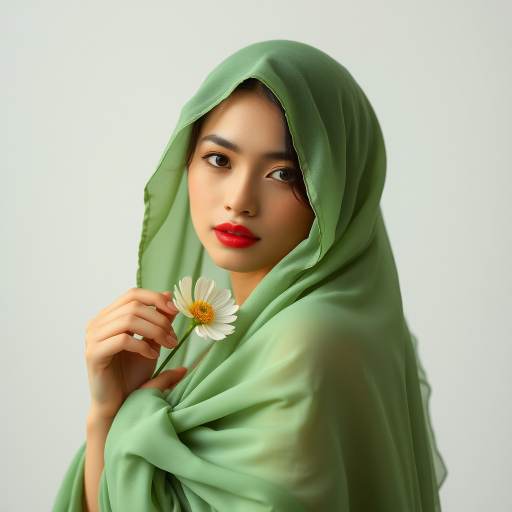Create a whimsical portrait of a woman draped in soft, flowing green fabric, holding a delicate flower, shot with a Canon EOS R5, 50mm lens, f/1.8 aperture, ISO 100, in natural soft lighting for enhanced texture and vibrant colors.