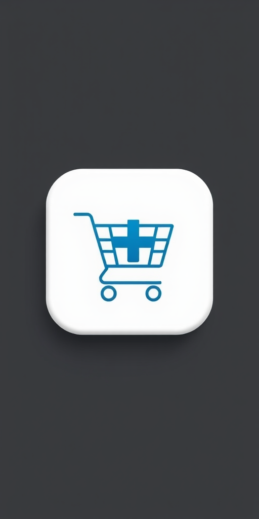 Create an image of a shopping cart icon with a plus sign in a flat design style, using a Canon EOS R5 camera with an aperture of f/2.8, ISO 100, and a 50mm lens, shot from a top-down view to enhance clarity and detail.