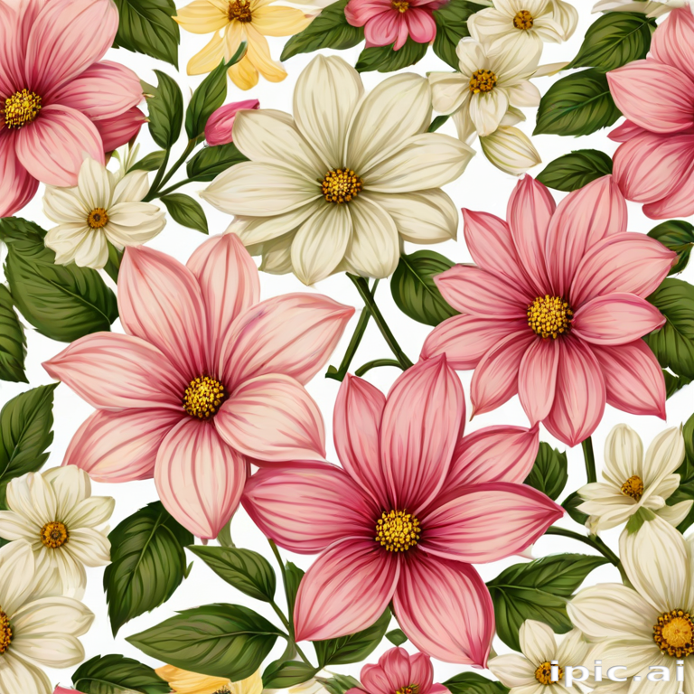 Vibrant Floral Pattern Featuring Pink and White Flowers with Green Leaves