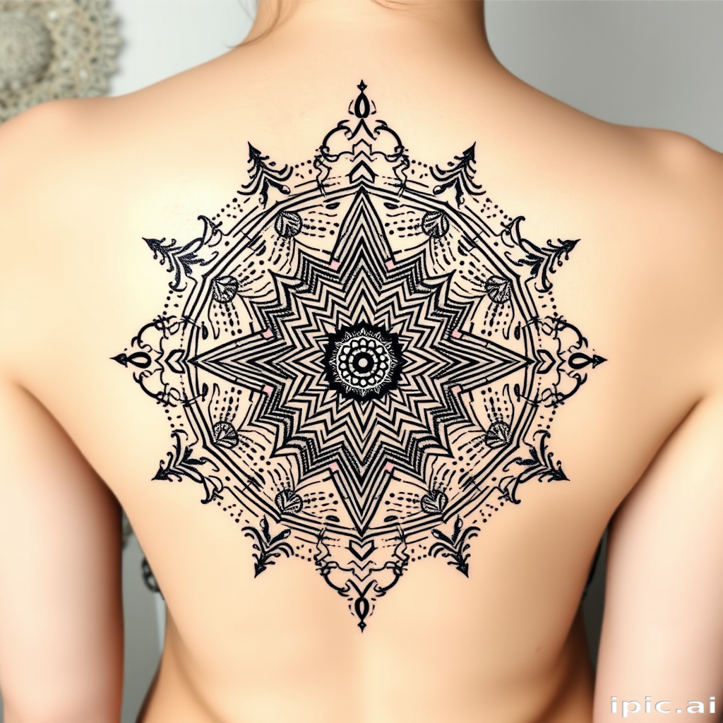 Dotwork mandala tattoo entitled "Cosmic Symmetry" featuring intricate patterns, sacred geometry, and celestial elements created entirely with tiny dots, suitable for circular placements like shoulder or back