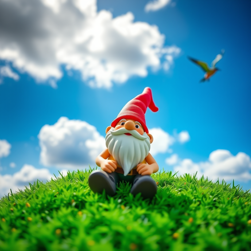 Create a whimsical landscape featuring a cartoonish gnome made of clay, sitting on vibrant green grass under a bright blue sky with fluffy white clouds and a colorful bird flying in the background, captured with a DSLR camera at f/2.8, ISO 100, 24mm focal length, in vivid colors and high resolution, using a wide-angle lens for a playful perspective.
