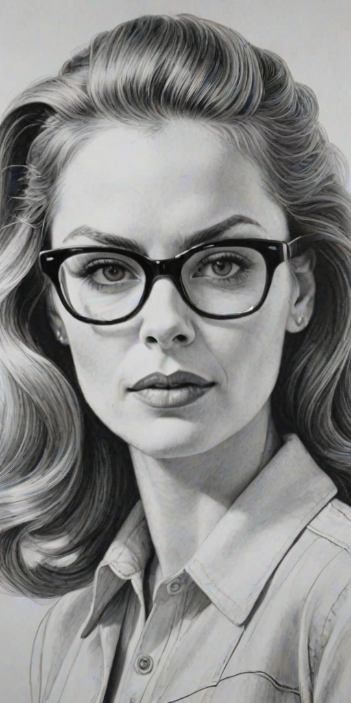 Ravishing Kristin Bauer, pencil sketch, portrait of Fascinating woman 1942s in glasses, hair style beatnik, outline, clear lines, fine lines, 8k