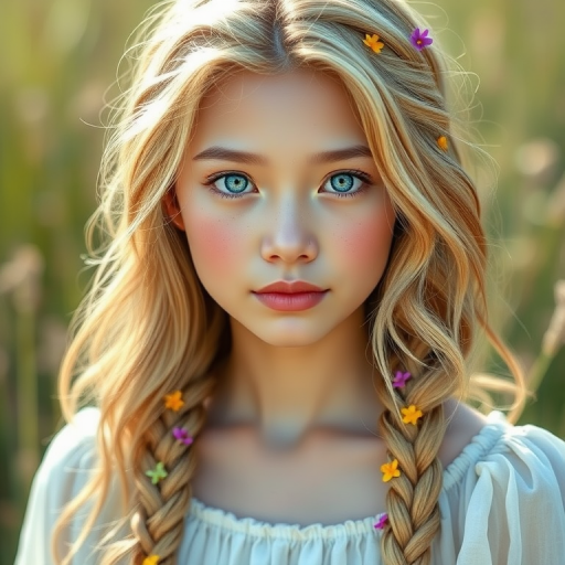 Create an image of a young Lao woman with long, wavy blonde hair, adorned with small, colorful flowers woven into her braids and loose strands. Her complexion is fair, with soft, glowing skin, and she has light blue eyes that gaze softly at the viewer. She wears a light, flowing dress with a gentle, ethereal quality, complementing her delicate and serene appearance. The background is slightly blurred, drawing focus to her tranquil expression and the intricate details of the flowers in her hair. The overall mood of the image is one of natural beauty and grace, evoking a sense of peacefulness and connection with nature.