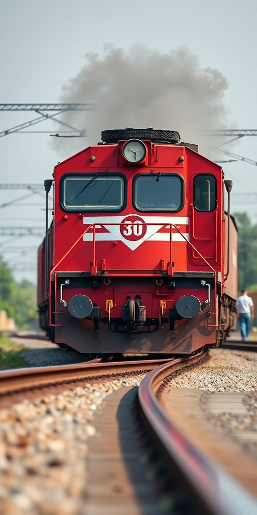 Capture a detailed image of a red diesel locomotive on a railway track using a DSLR camera with a 50mm lens, aperture set to f/4, ISO 100, and a shutter speed of 1/250 second, from a low-angle side view to enhance the locomotive's features and surroundings.