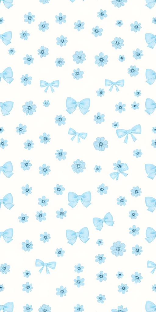 Create a seamless pattern featuring small blue flowers and light blue bows on a white background. The flowers should vary in size and shape, while the bows should be evenly spaced throughout the design, creating a delicate and charming aesthetic.