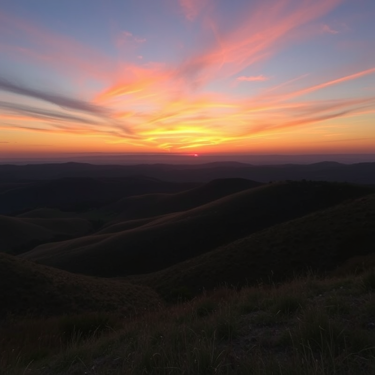 Create a high-resolution image of a serene landscape at sunset, featuring rolling hills and a colorful sky, captured with a DSLR camera using a 50mm lens, f/2.8 aperture, ISO 200, and a focal length of 50mm for a soft depth of field, from a slightly elevated viewpoint to highlight the horizon.