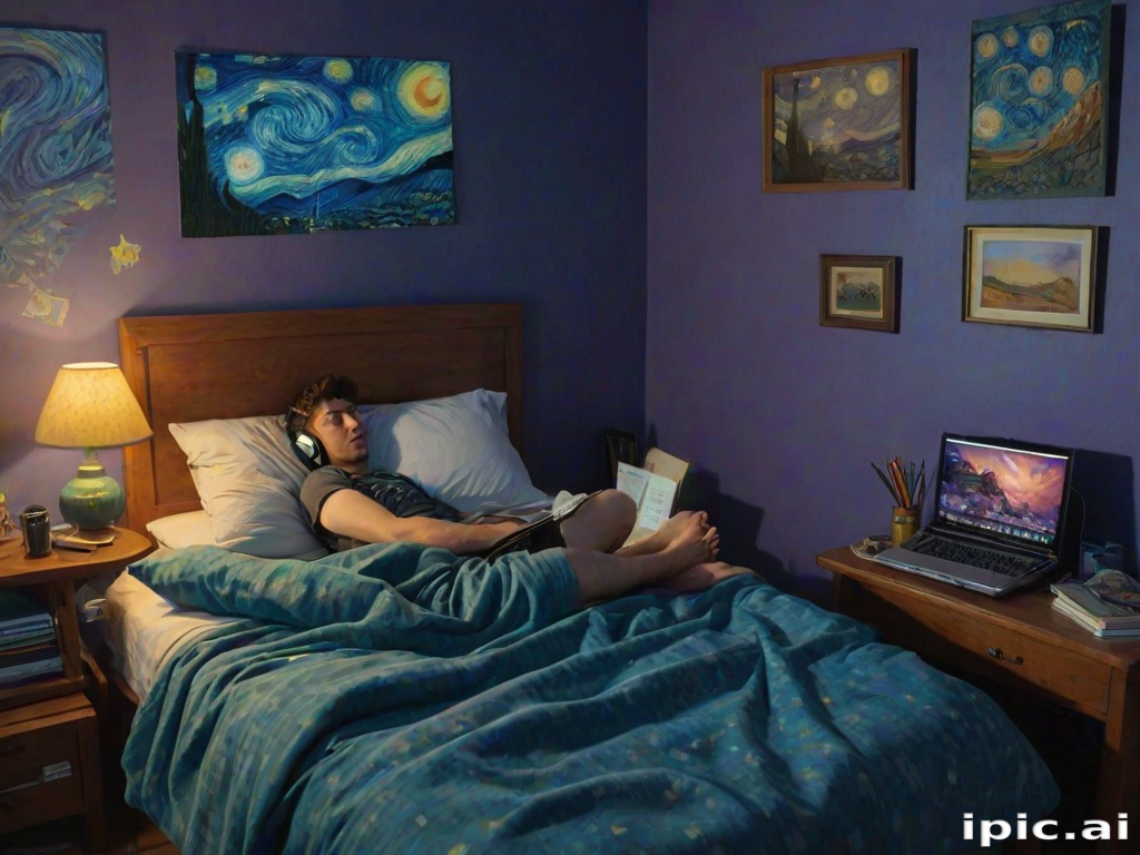 A top-down Van Gogh-style painting of a young man lying on his bed, listening to music with headphones. The room is softly lit with deep blues and purples, creating a peaceful nighttime atmosphere. The bed has a soft pillow, and the man's arms are resting behind his head. Around the bed, various glowing gadgets such as a smartphone, a laptop, and a small lamp are visible, casting a gentle light. The rest of the bedroom includes a desk with books, a chair, and a small rug on the floor. A window near the bed reveals a starry night sky with swirling stars, reminiscent of Van Gogh's 'Starry Night.' On the desk, there is a sketchbook with colorful drawings, a cup of coffee steaming gently, and a small potted plant. The walls have posters of famous paintings and a corkboard with pinned notes and photos. The scene is full of dynamic, swirling brushstrokes, capturing the essence of Van Gogh's unique style. The overall mood is serene and contemplative, with a touch of artistic inspiration.