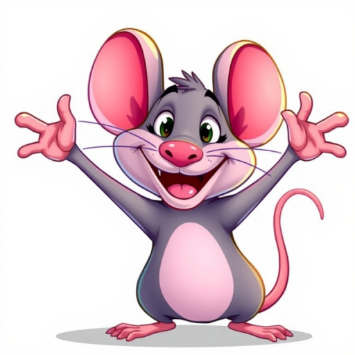Create a vibrant digital illustration of a playful cartoon rat with a broad smile and raised arms, set against a simple background, captured with a high-resolution DSLR camera at f/2.8 aperture, 50mm lens, ISO 100, in a bright and colorful style.