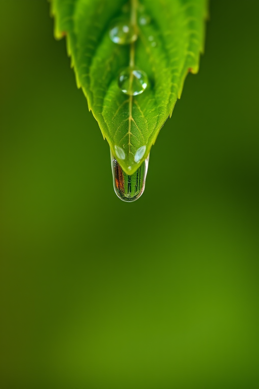 macro shot of a water droplet hanging from a green leaf with a blurred background, f/2.8 aperture, 1/200 sec shutter speed, ISO 100, taken with a DSLR camera with a macro lens, natural lighting