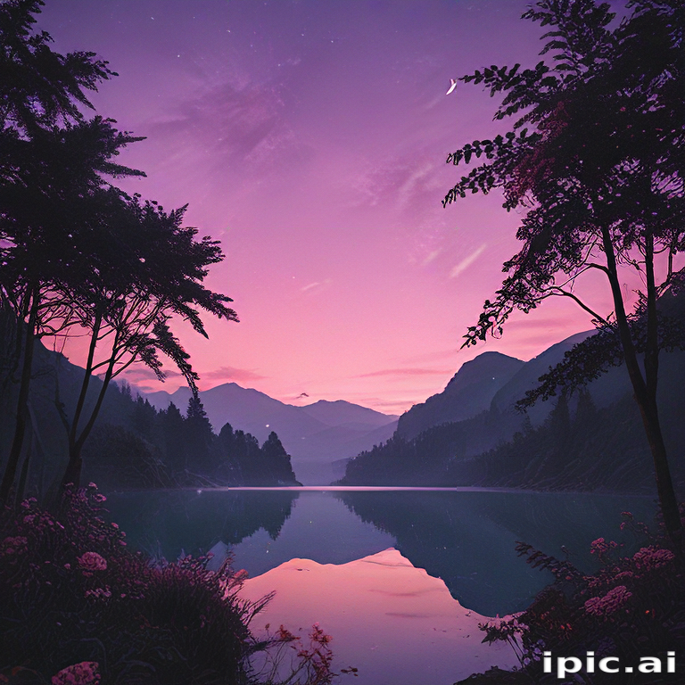 Serene Twilight Over a Tranquil Lake Surrounded by Majestic Mountains