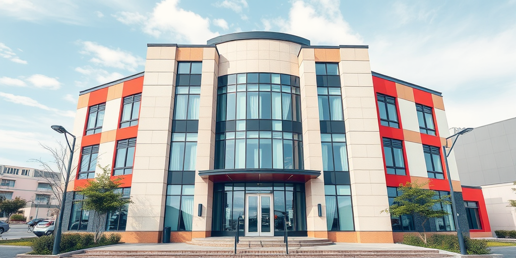 Create a high-resolution digital illustration of a modern building with a two-tone color scheme, capturing a front view at a 45-degree angle, using a Canon EOS R5 with a 24-70mm f/2.8 lens, aperture set to f/8, ISO 100, in soft daylight for enhanced clarity and vibrant colors.