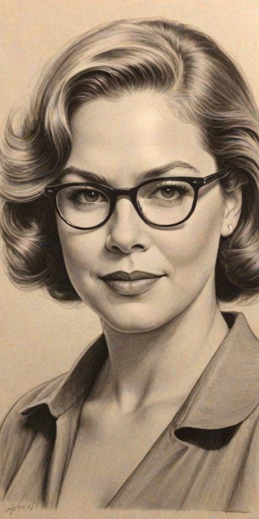 Appealing Kathleen Turner, pencil sketch, portrait of Ravishing woman 1931s in glasses, hair style beatnik, outline, clear lines, fine lines, 8k