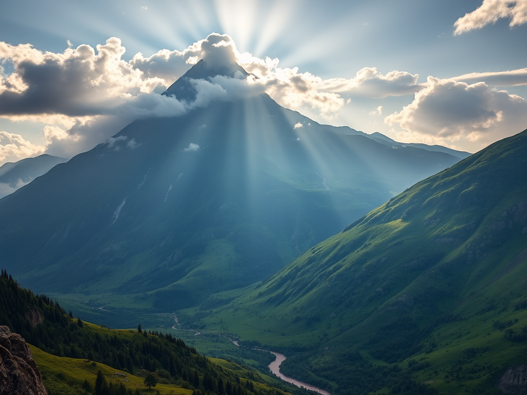 high-resolution landscape photo of a majestic mountain peak with clouds and sunlight piercing through, lush green valleys and a winding river below, early morning light, taken with a Canon EOS R5, 24-70mm f/2.8 lens, f/8 aperture, ISO 100, 1/250 sec shutter speed, vibrant colors and high dynamic range, wide-angle view