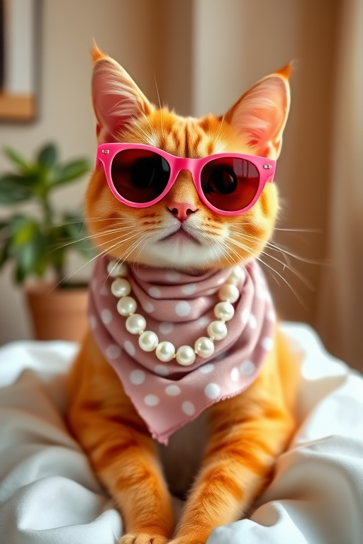 A stylish orange cat wearing pink sunglasses and a polka dot scarf, adorned with a pearl necklace, sitting gracefully in a white dress, with a softly lit room and a plant in the background.