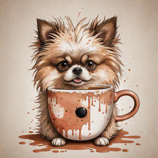 A quirky, artistic illustration of a disheveled aussiepom dog breed with exaggerated, large eyes and spiky fur, holding a coffee mug that reads "What's the matter?". The dog has a tired but humorous expression, with Salmon ink splatters