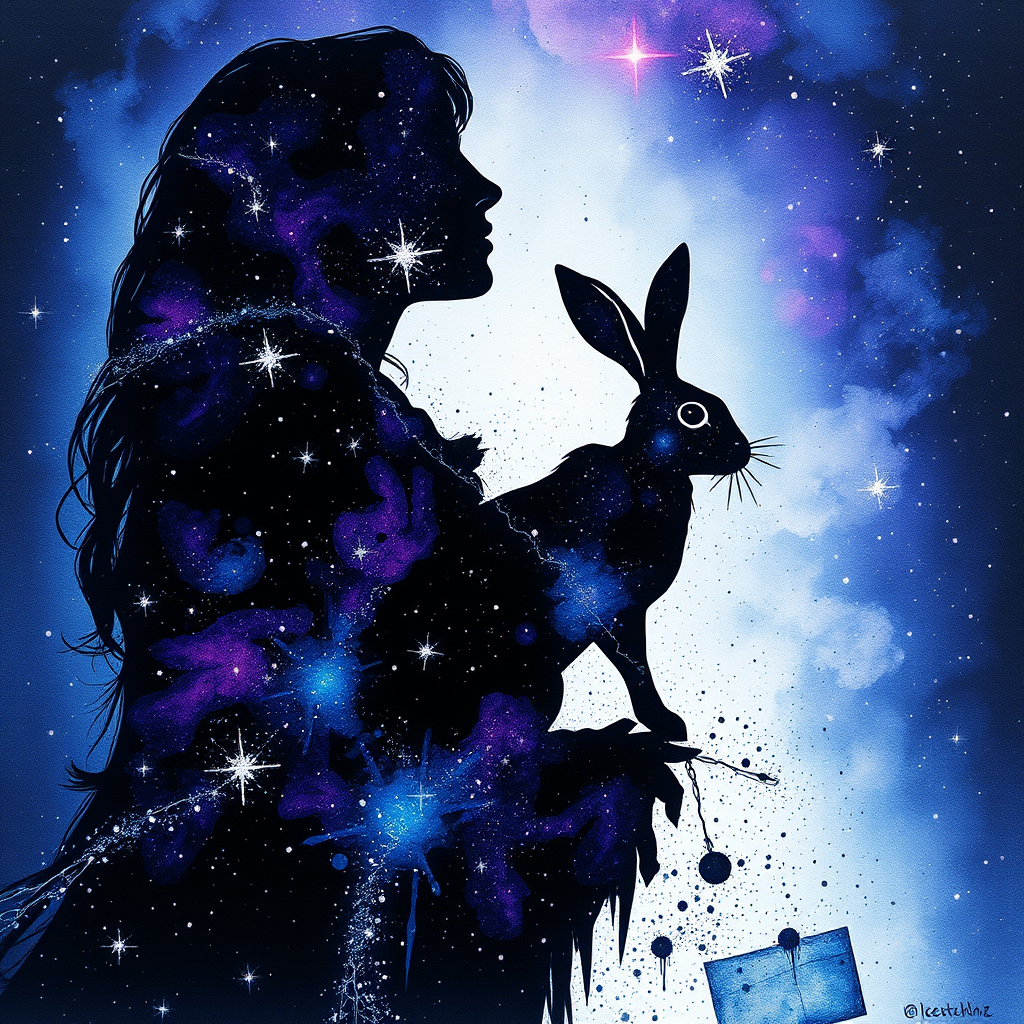 Captivating conceptual render alcohol ink art, double exposure, the paint strokes artfully merge combining a woman's full silhouette with a Humble hare's silhouette. The figures are composed of a series of colored dots, lines & spots that evoke the image of a cosmic galaxy, colors are deep shades of blue purple & black with flashes of white & silver representing distant stars. The woman's silhouette is formed within the lion's silhouette from constellations of scattered stars, surreal