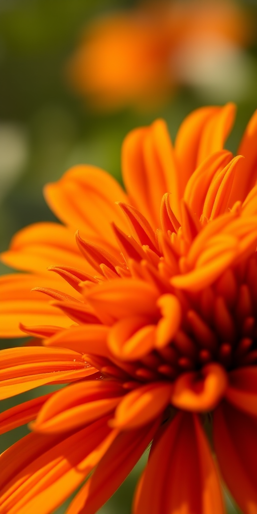 Close-up shot of a vibrant orange flower with intricate petals, using a DSLR camera, aperture f/2.8, shutter speed 1/200 sec, ISO 100, soft focus background to enhance depth, natural lighting, macro lens.