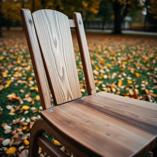 Capture a close-up shot of a wooden chair in an outdoor setting during autumn, with fallen leaves scattered around, using a DSLR camera with a 50mm lens, aperture set to f/2.8 for a shallow depth of field, and a shutter speed of 1/200s to freeze motion.