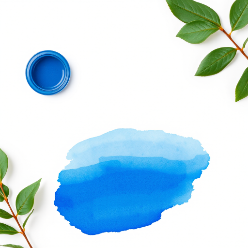 Create an image of a watercolor blue paint swatch on a white background, using a DSLR camera with a 50mm lens, aperture set to f/4 for depth of field, ISO 100 for minimal grain, and a soft natural light setup for even illumination.