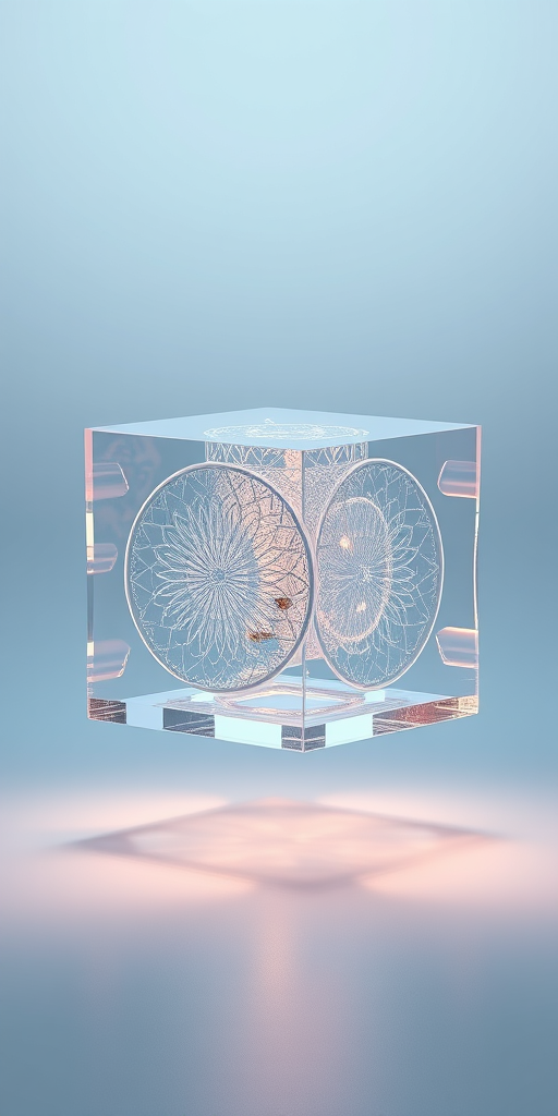 Create a hyper-realistic 3D render of a transparent cube with intricate internal designs, soft ambient lighting, set against a gradient background, captured using a Canon EOS R5, 50mm lens, f/2.8 aperture, ISO 100, 1/200 sec shutter speed, with a focus on smooth reflections and shadows to enhance depth.