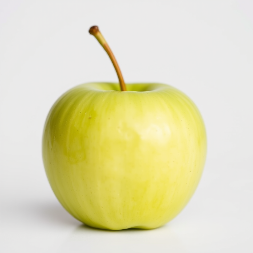 photorealistic image of a single green apple on white background, ISO 100, f/2.8, 1/60 sec, 50mm lens, soft diffused lighting, macro photography, DSLR camera