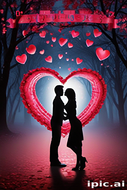 Romantic Silhouette of a Couple Surrounded by Floating Hearts in Nature