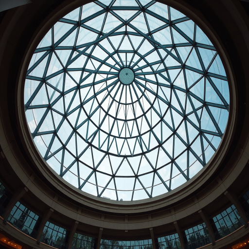 photograph of a modern glass dome with triangular patterns, taken with a Canon EOS R5, 24mm lens, f/8 aperture, ISO 200, natural light, from a low angle to emphasize the architectural design and depth, focus on details of the glass and reflections
