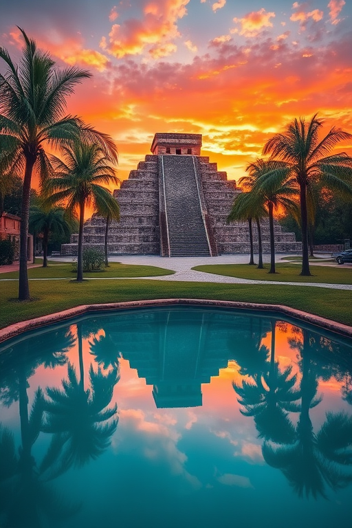 Capture a breathtaking landscape featuring a majestic pyramid at sunset, surrounded by lush palms and a serene waterbody reflecting the vibrant colors of the sky, with a Canon EOS R5 camera, 24mm lens, f/8 aperture, ISO 100, shooting at golden hour for enhanced warmth and clarity.