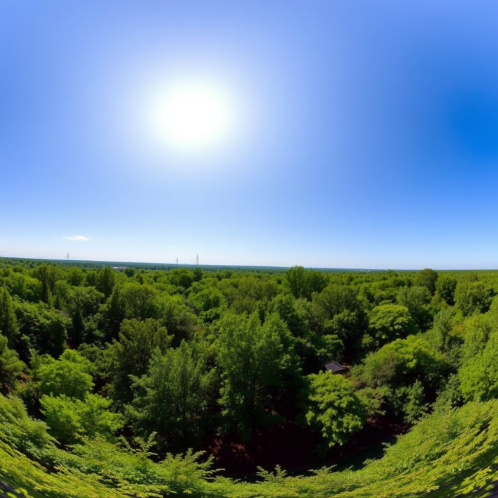 create a lush green landscape featuring a dense canopy of trees under a clear blue sky, captured with a DSLR camera at f/8 aperture, 1/250 sec shutter speed, ISO 100, using a wide-angle lens for a panoramic view to enhance depth and detail.