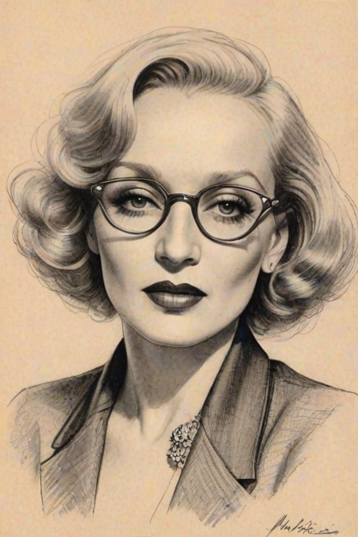 Captivating Marlene Dietrich, pencil sketch, portrait of Resplendent woman 1924s in glasses, hair style beatnik, outline, clear lines, fine lines, 8k