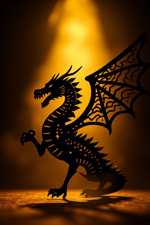 Create an image of a stylized dragon silhouette with intricate details, shot with a Canon EOS 5D Mark IV using a 50mm f/1.8 lens, aperture set to f/2.8, ISO 100, with a shallow depth of field and a dramatic, high-contrast lighting setup.