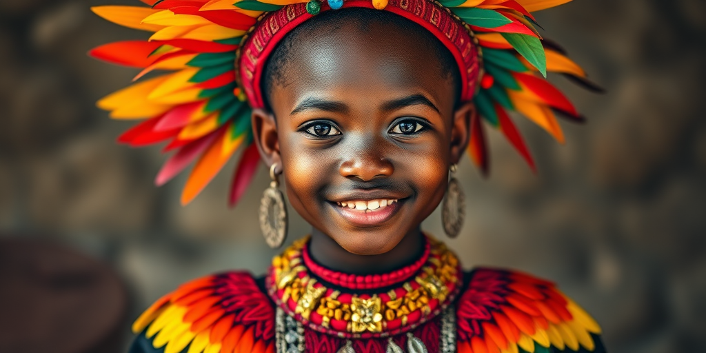 A beautiful Garifuna girl, wearing colorful bird clothing with vibrant colors