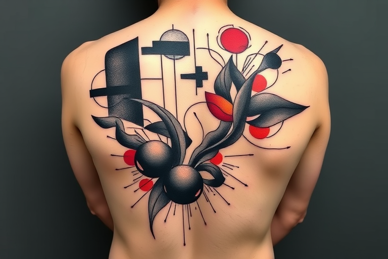 Avant-garde abstract tattoo with bold geometric shapes and fluid organic forms, rendered in a striking monochromatic palette with pops of vibrant color for a contemporary artistic statement