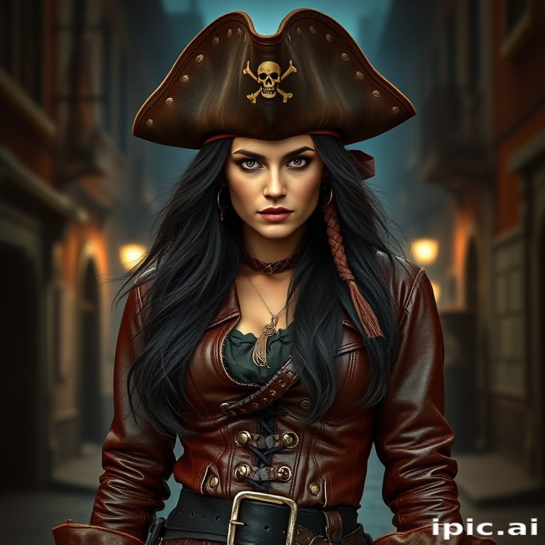 Create a portrait of a fierce female pirate. She wears a leather tricorn hat adorned with a skull and crossbones emblem, and her long, dark hair flows around her face. Her outfit consists of a richly detailed leather jacket, a corset, and multiple layers of belts and accessories, giving her a formidable and stylish appearance. She stands confidently in a dimly lit, historic port town, with a backdrop of weathered buildings and cobblestone streets, capturing the adventurous spirit of a pirate.