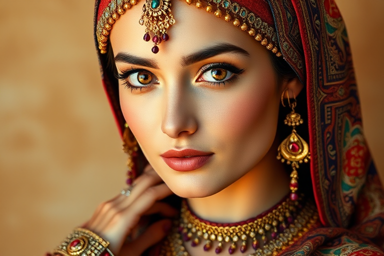Create a portrait of a beautiful woman with striking hazel eyes and a gentle expression. She is adorned in traditional attire with intricate patterns, including a richly embroidered headscarf and matching garments. Her jewelry includes a delicate headpiece, dangling earrings, and ornate bracelets, all featuring vibrant gemstones and detailed metalwork. The background is soft and warm, enhancing the rich colors of her outfit and jewelry.