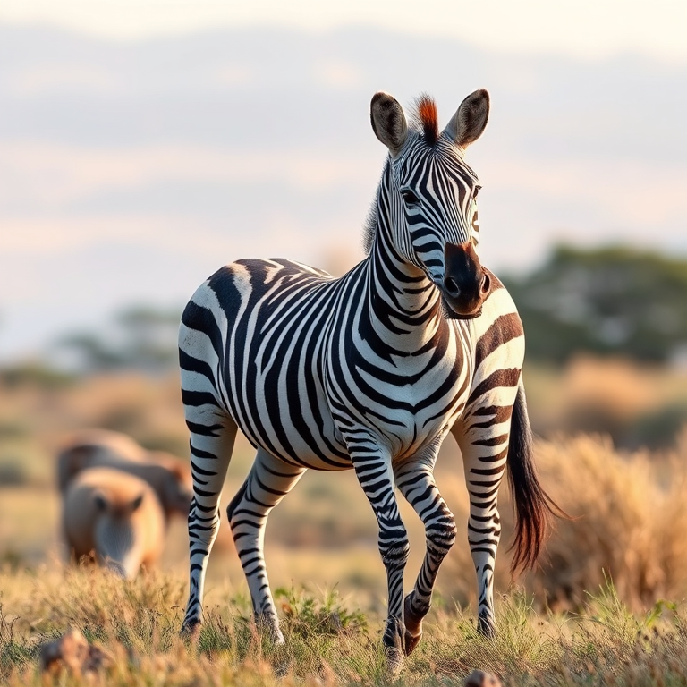 Create a high-resolution illustration of a zebra standing in a natural setting, use a 50mm lens, f/8 aperture, ISO 100, with soft diffused lighting to enhance details and contrast.