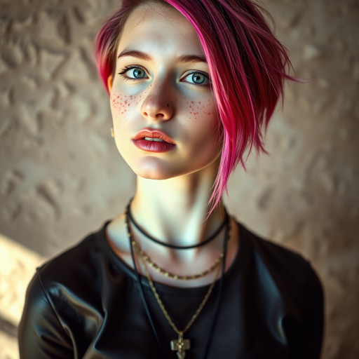 Portrait of a young woman with colorful pink hair and freckles, wearing a leather top and layered necklaces, against a textured background, captured with a Canon EOS R6 at f/1.8, ISO 100, 50mm lens, natural lighting for a soft yet vibrant effect, shallow depth of field to emphasize the subject.