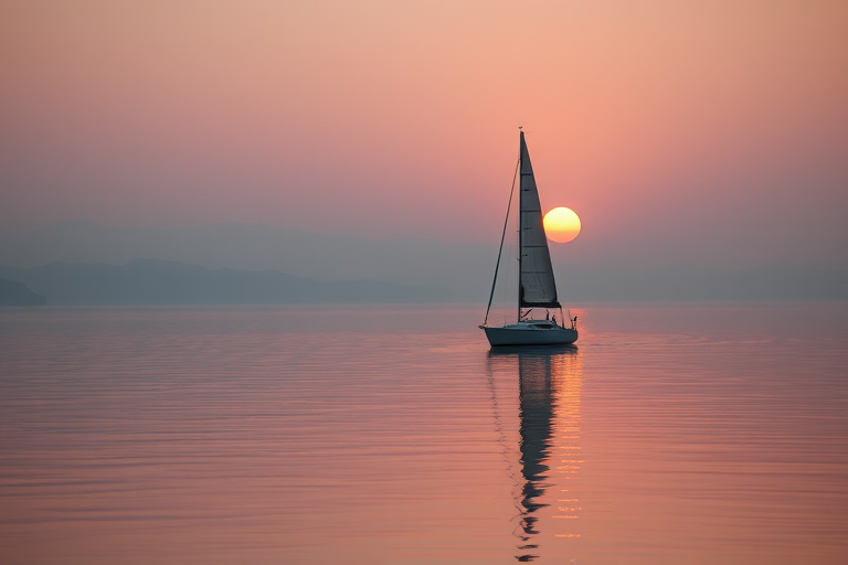 Softly focused image of a sailboat drifting peacefully on a calm lake at sunset, the water reflecting soft shades of pink and orange, with distant mountains barely visible through the evening mist.