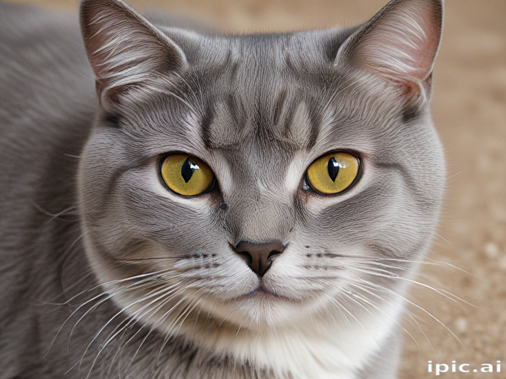Close-Up Portrait of a Beautiful Grey Cat with Striking Yellow Eyes