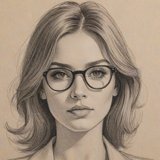 Ravishing Daya, pencil sketch, portrait of Stunning woman 1972s in glasses, hair style beatnik, outline, clear lines, fine lines, 8k