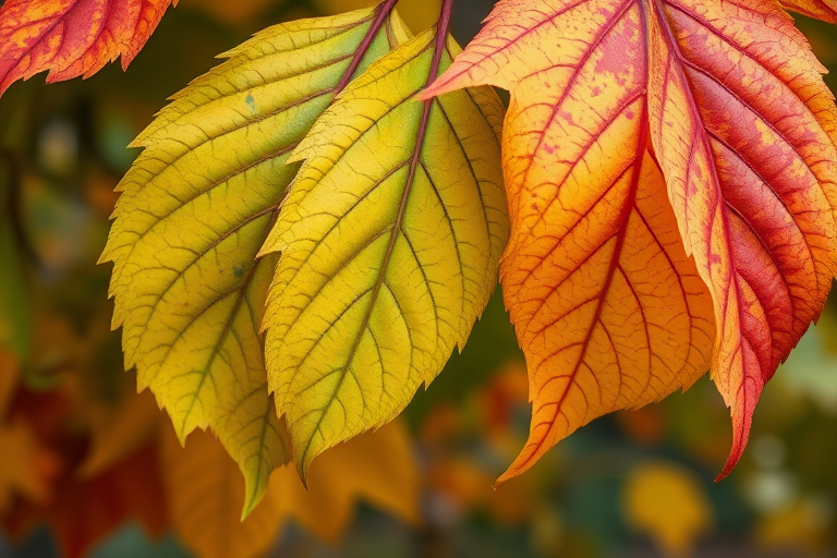 create a close-up image of autumn leaves displaying a mix of green, yellow, and red hues with intricate veining and a soft, blurred background.
